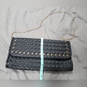 Black Woven Clutch with Gold Studs and Chain Strap